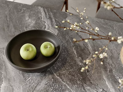 Modern Decorative Ornament Set With Black Bowl Green Apples And Blossom Twigs On Gray Marble 3d model