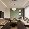 Modern Living and Dining Room Interior Design With Chandelier Sofa Coffee Table and Wooden Cabinets