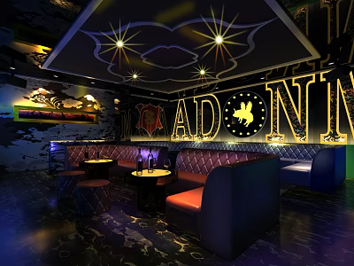 Stylish KTV Lounge Interior With Neon Signs Leather Sofas And Decorative Ceiling Lights 3d model