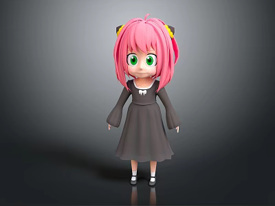 3D Cartoon Character With Pink Hair Green Eyes Gray Dress And Yellow Hair Accessories 3d model