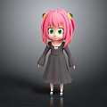 3D Cartoon Character With Pink Hair Green Eyes Gray Dress And Yellow Hair Accessories