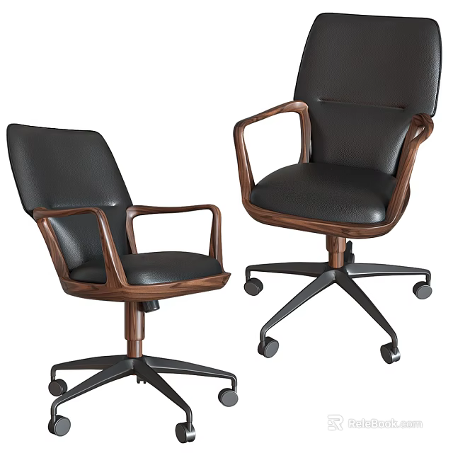 Modern Black Leather Office Chairs With Wooden Armrests And Metal Bases 3d model 