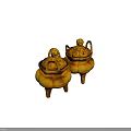 Two Elegant Traditional Golden Tripod Censers with Lion Head Lids and Intricate Decorative Patterns