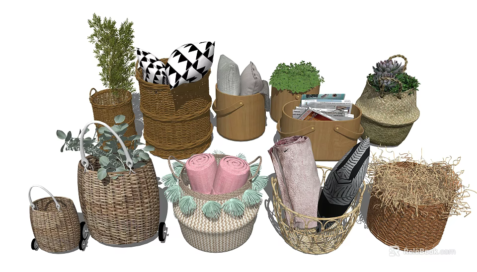 Variety of Woven Storage Baskets with Plants Towels Magazines and Decor Items 3d model 