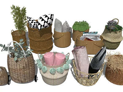 Variety of Woven Storage Baskets with Plants Towels Magazines and Decor Items 3d model