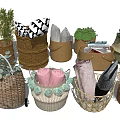 Variety of Woven Storage Baskets with Plants Towels Magazines and Decor Items