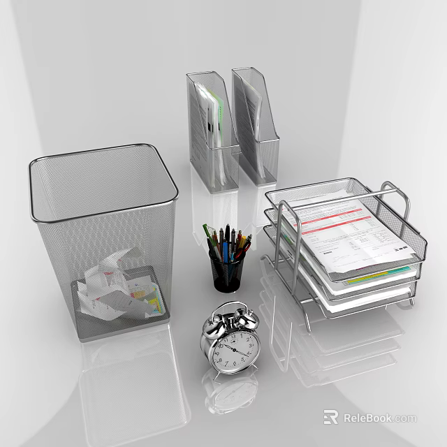 Transparent Office Supplies With Wastebasket File Holder Pen Stand And Alarm Clock 3d model 