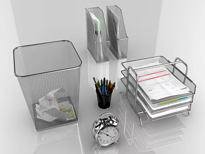 Transparent Office Supplies With Wastebasket File Holder Pen Stand And Alarm Clock 3d model
