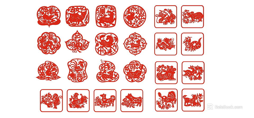 Traditional Red Paper Cut Wall Decor With Zodiac Animals And Fortune Symbols 3d model 