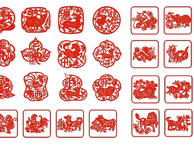 Traditional Red Paper Cut Wall Decor With Zodiac Animals And Fortune Symbols 3d model