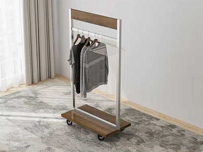 Wheeled Clothes Rack With Wooden Base And Metal Frame Holding Hanging Clothes In Indoor Room 3d model