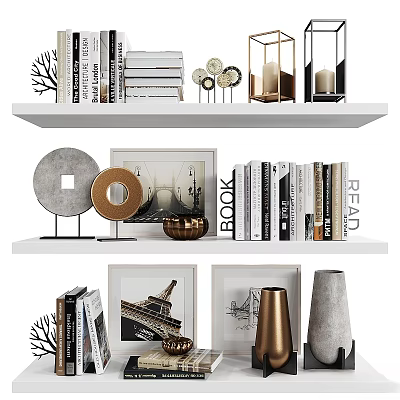Decorative Ornament Set With Books Picture Frames Metal Candle Holders On Shelves 3d model