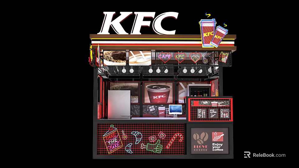 KFC Fast Food Kiosk With Coffee Cups Drinks Menu And Decorations 3d model 