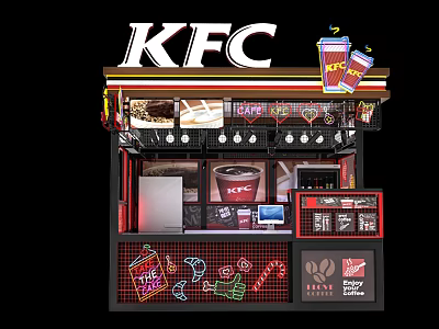 KFC Fast Food Kiosk With Coffee Cups Drinks Menu And Decorations 3d model