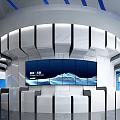 Modern Exhibition Space with White Geometric Walls Display Stand Screens Globe and Blue Lighting
