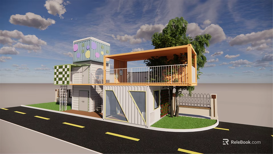 Modern Container Building Design With Multiple Colorful Containers Balcony Green Tree Grass And Road 3d model 