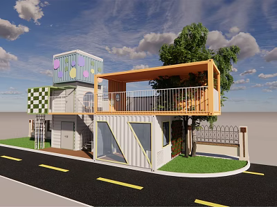 Modern Container Building Design With Multiple Colorful Containers Balcony Green Tree Grass And Road 3d model