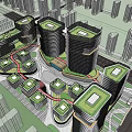 Modern High Rise Office Buildings With Green Roofs And Circular Urban Layout And Surrounding Greenery