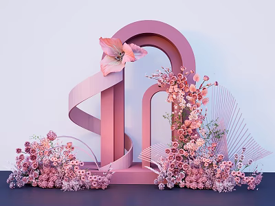 Elegant Floral Installation With Pink Arch Structure Pink Lilies Small Flowers And Decorative Leaves 3d model