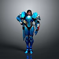 Futuristic Blue Armored Mech Suit Character With Detailed Armor Design Elements