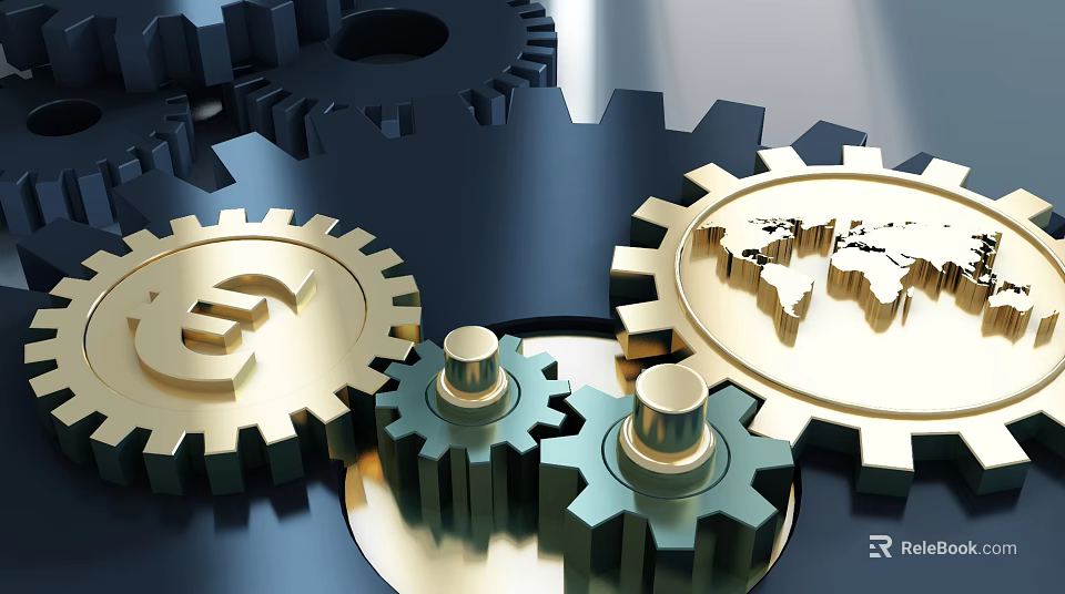 Business Equipment With Gold Gears And World Map For Global Trade 3d model 