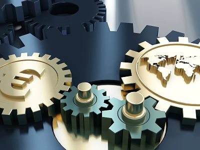 Business Equipment With Gold Gears And World Map For Global Trade 3d model