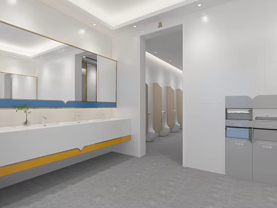 Modern Public Toilet Interior With Clean Washbasins Mirrors And Cubicles 3d model