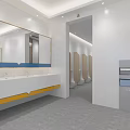 Modern Public Toilet Interior With Clean Washbasins Mirrors And Cubicles
