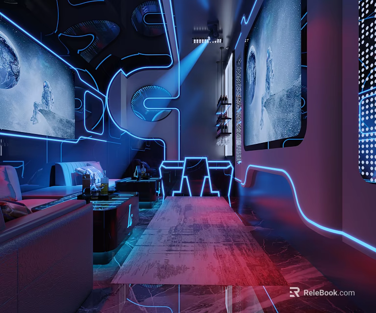 Modern KTV Interior With Neon Lights Large Screens And Comfortable Sofas 3d model
