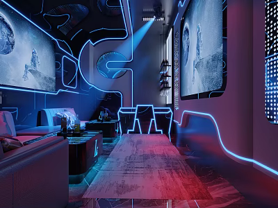 Modern KTV Interior With Neon Lights Large Screens And Comfortable Sofas 3d model