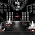 Modern Banquet Hall With Stage Red Carpet Geometric Steps And Lighting Decorations