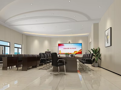 Modern Conference Room Interior Design With Large Screen Conference Table Chairs And Plants 3d model
