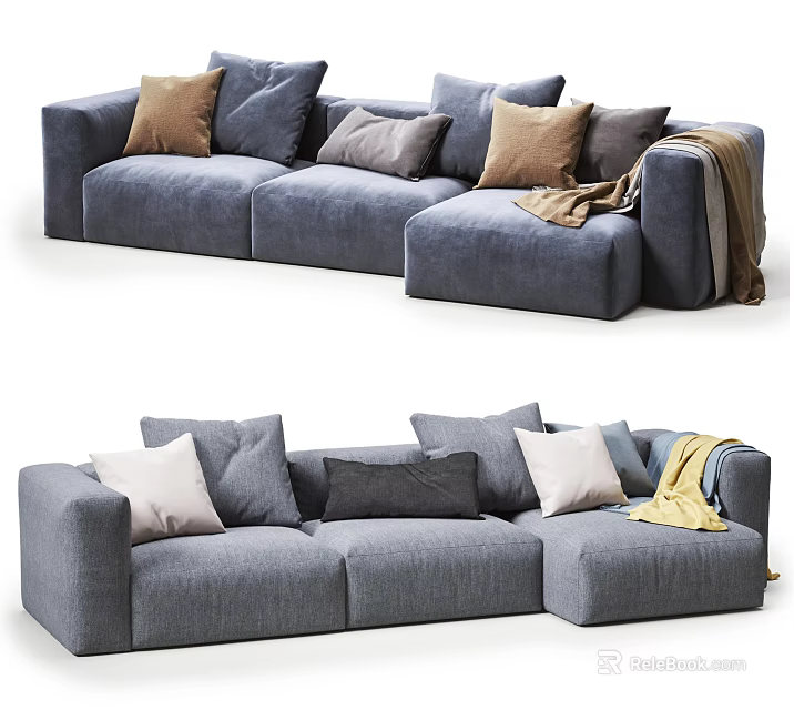 Modern Gray Sectional Sofa With Neutral Toned Pillows And Soft Throw Blanket 3d model
