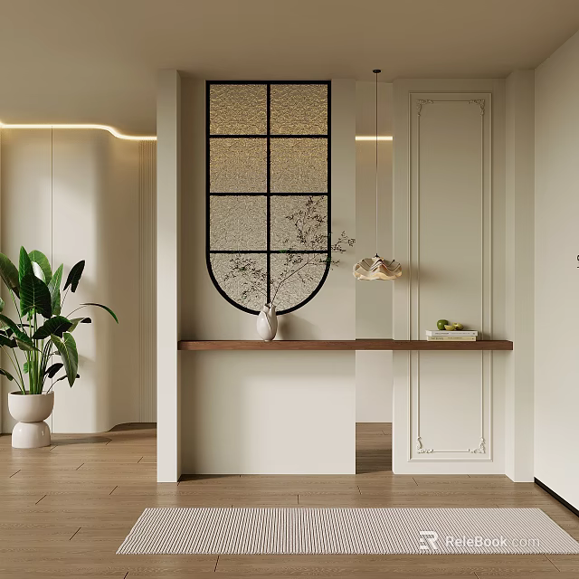 Elegant Modern Interior With Glass Partition Wooden Countertop White Vase And Green Plant 3d model 