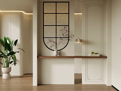 Elegant Modern Interior With Glass Partition Wooden Countertop White Vase And Green Plant 3d model