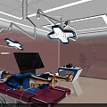 Pink Walled Operating Room Featuring Surgical Bed Medical Monitors And Lights