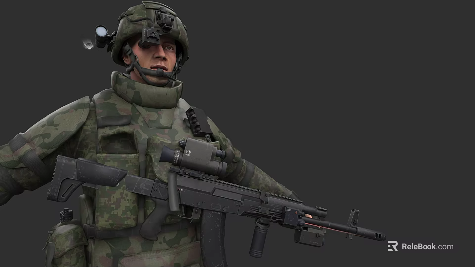 A Man In Military Uniform With Helmet Holding Tactical Assault Rifle 3d model 