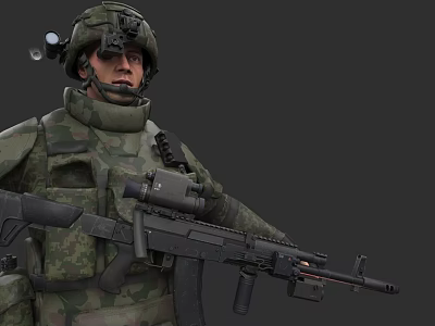 A Man In Military Uniform With Helmet Holding Tactical Assault Rifle 3d model