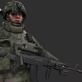A Man In Military Uniform With Helmet Holding Tactical Assault Rifle