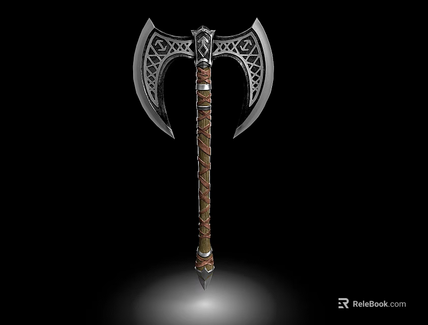 Ornate Battle Axe With Intricate Metal Blades And Leather Wrapped Decorative Handle 3d model 