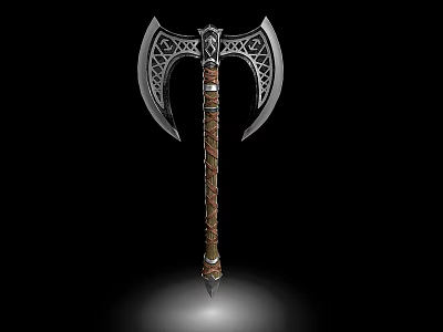 Ornate Battle Axe With Intricate Metal Blades And Leather Wrapped Decorative Handle 3d model
