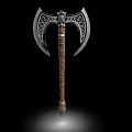 Ornate Battle Axe With Intricate Metal Blades And Leather Wrapped Decorative Handle