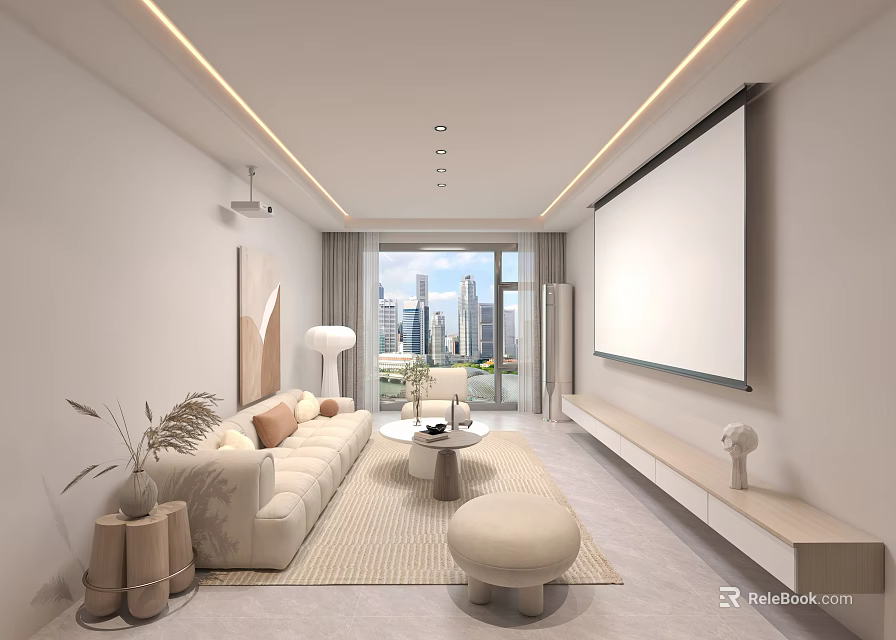Modern Cream Style Living Room With Soft Ceiling Lighting Projector And Panoramic City View 3d model 