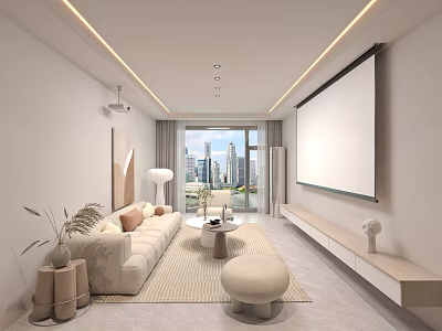 Modern Cream Style Living Room With Soft Ceiling Lighting Projector And Panoramic City View 3d model