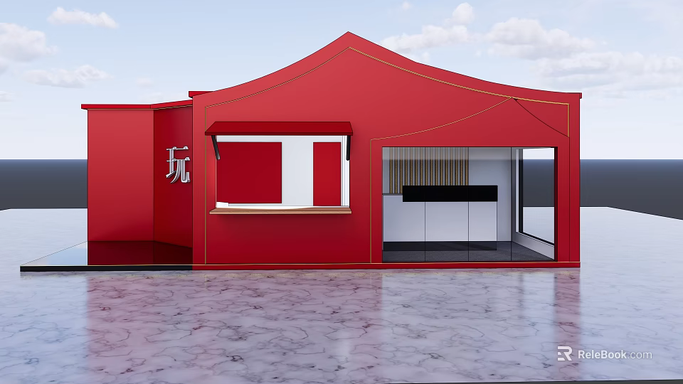 Red Exhibition Booth With Window Display Open Structure And Marble Floor 3d model 
