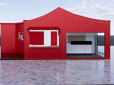 Red Exhibition Booth With Window Display Open Structure And Marble Floor 3d model