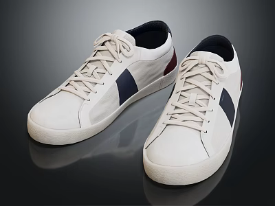 White Casual Lace Up Sneakers Featuring Navy And Maroon Side Accents 3d model