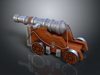 Vintage Cannon Model With Metal Barrel Wooden Carriage And Wheels Design 3d model