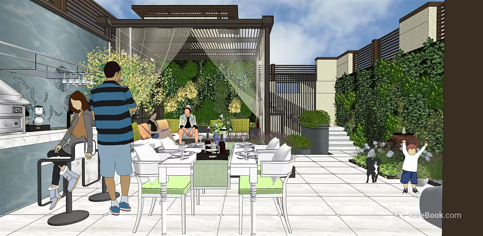 Modern Courtyard Garden With Outdoor Furniture Pergola Living Plant Wall And Stone Patio 3d model 