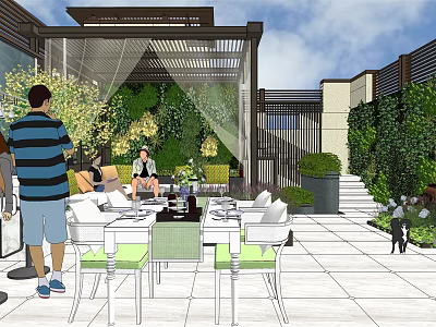 Modern Courtyard Garden With Outdoor Furniture Pergola Living Plant Wall And Stone Patio 3d model